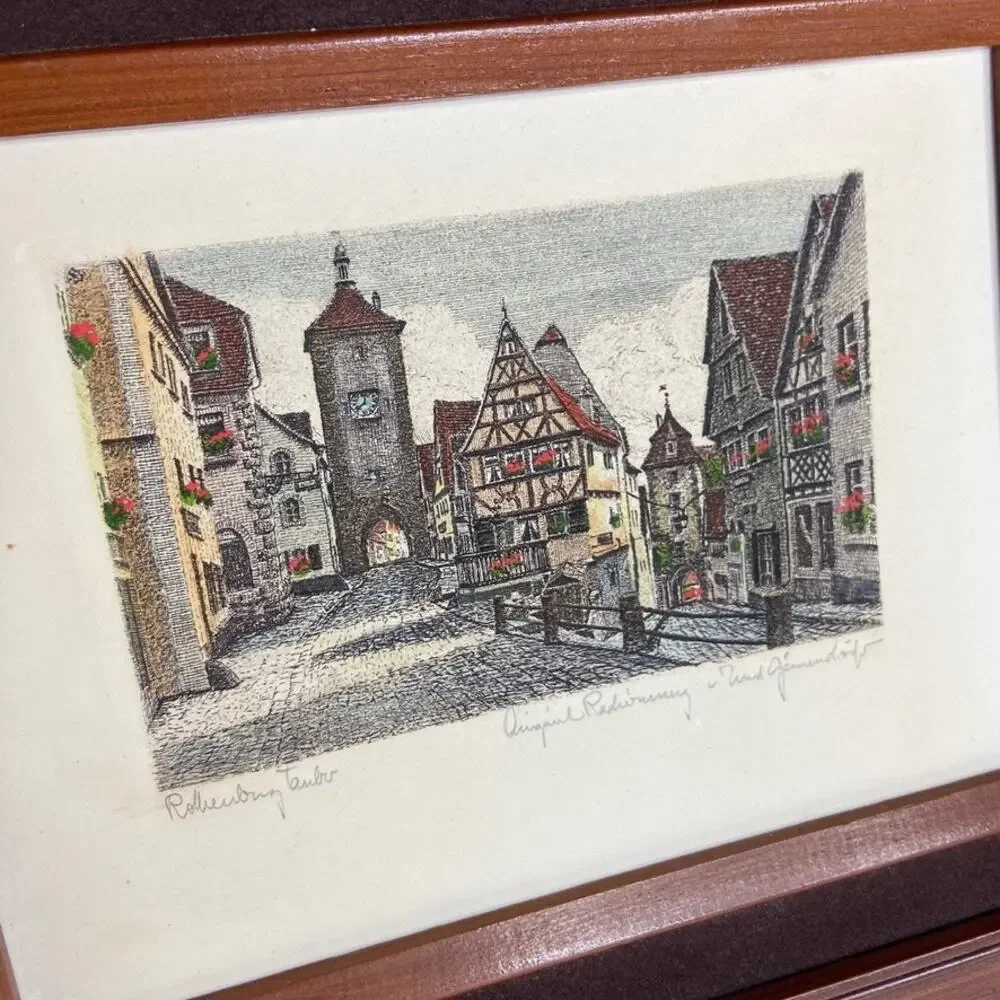 Original Signed GEISSENDORFER Rothenburg Tower Framed Colored Etching